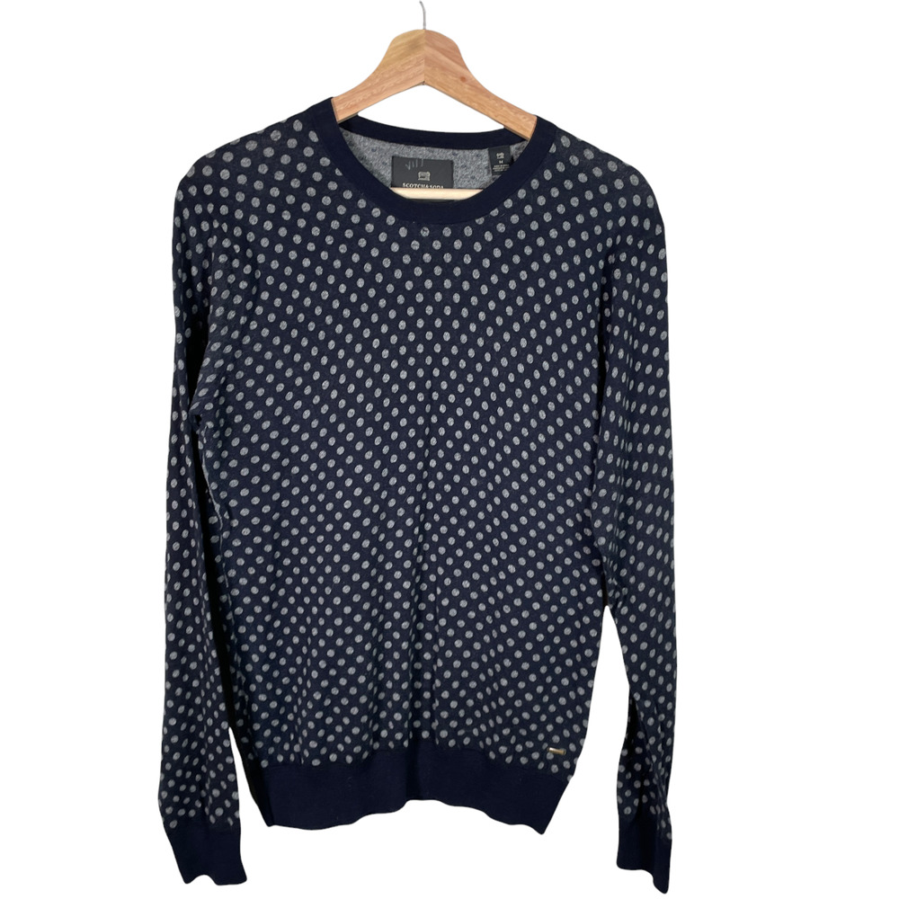 Scotch & Soda Men's Small Navy Gray Polka Dot Crewneck Sweater Long Sleeves